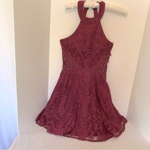 Party Prom Holiday dress Jodi Kristopher Size 3 Short Halter neck Burgundy